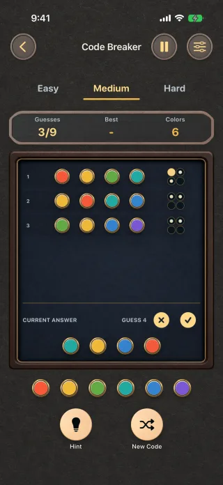 Code Breaker on iPhone with three guesses, feedback pegs, and the next answer ready to submit