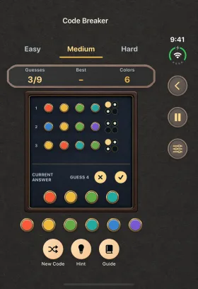 Code Breaker on the closed iPhone Duo display with three guesses and the fourth guess ready