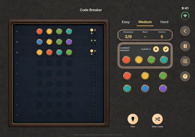 The same Code Breaker game on the open iPhone Duo display, with its guesses and current answer preserved