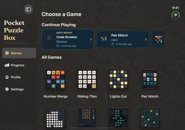 Pocket Puzzle Box on the open iPhone Duo display with collection navigation, Continue Playing, and the game library