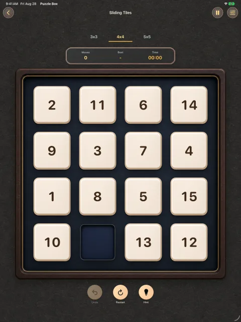 Sliding Tiles on iPad with a shuffled four-by-four board and touch controls