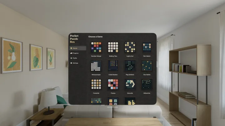 Pocket Puzzle Box game library floating in a living room on Apple Vision Pro